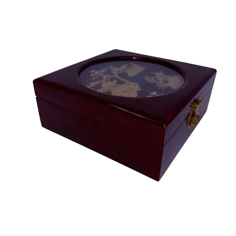 Vtg Chinese Diorama Lacquered Jewelry‎ Box with Inlaid Scene Red Silk Interior